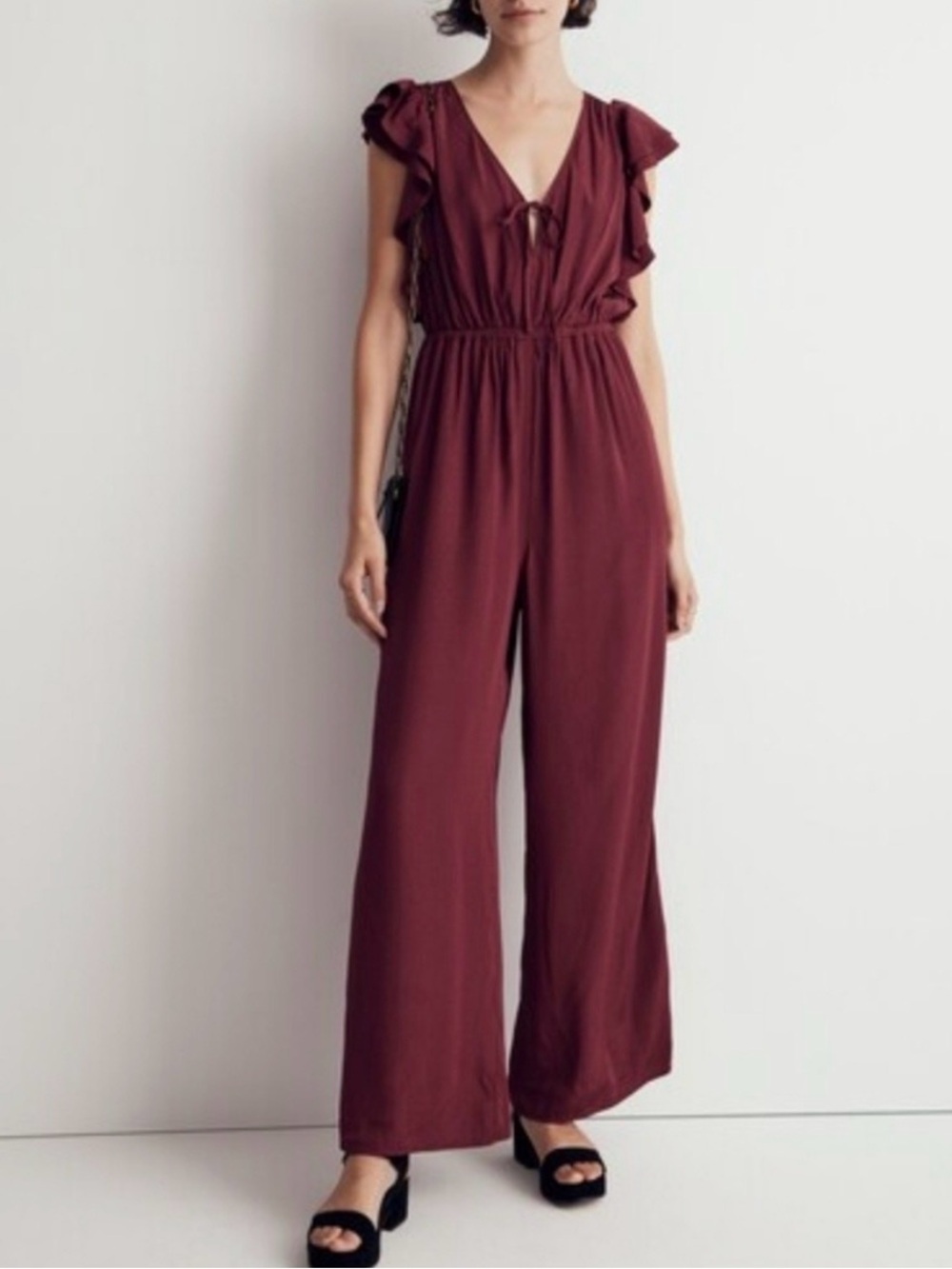 Madewell Jacquard Burgundy Ruffle-Sleeve Wide-Leg Jumpsuit